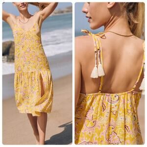 Sanctuary Paisley Cover-Up Midi Dress Yellow Boho Tassel Beach Anthropologie M
